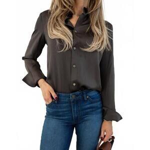 NEW DIOMI sateen fitted silk button down blouse in grey